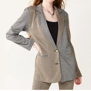 Oversized Houndstooth Mixed Plaid Blazer - Black and Brown
